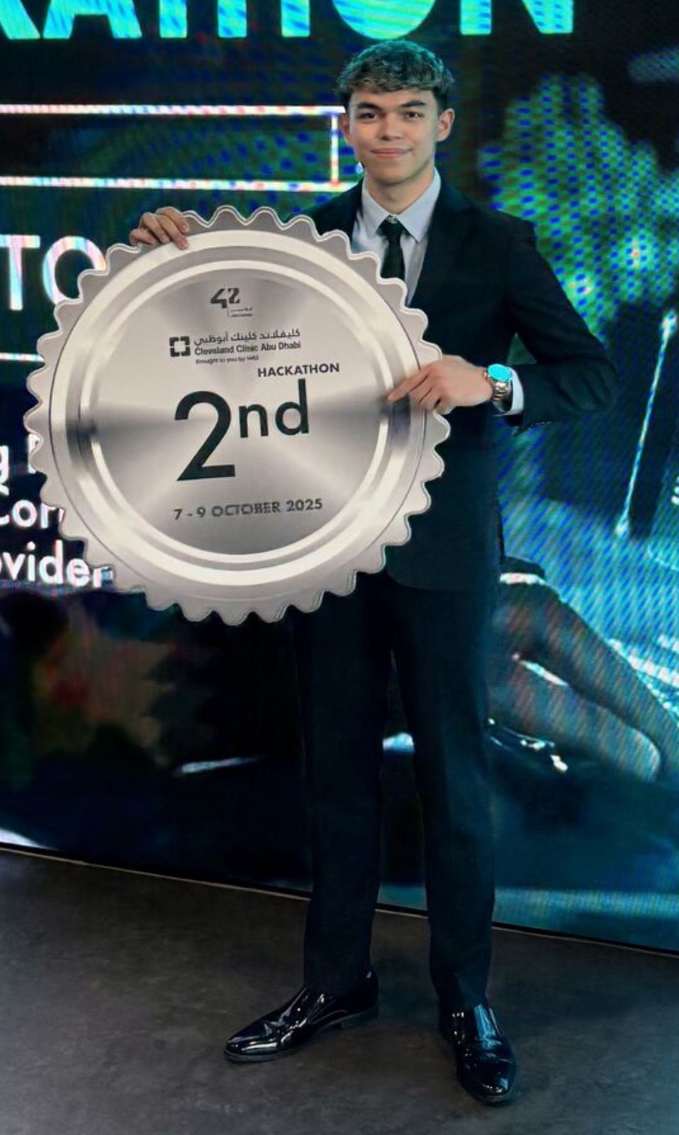 Ismail Alashqar receiving 2nd Place at the Cleveland Clinic Abu Dhabi Hackathon